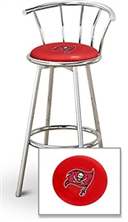 Bar Stool 29" Tall Chrome Finish Stool with a Backrest Featuring the Tampa Bay Buccaneers NFL Team Logo Decal on a Red Vinyl Covered Swivel Seat Cushion