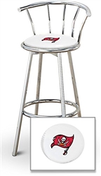 Bar Stool 29" Tall Chrome Finish Stool with a Backrest Featuring the Tampa Bay Buccaneers NFL Team Logo Decal on a White Vinyl Covered Swivel Seat Cushion