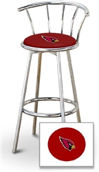 Bar Stool 29" Tall Chrome Finish Stool with a Backrest Featuring the Arizona Cardinals NFL Team Logo Decal on a Red Vinyl Covered Swivel Seat Cushion