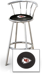 Bar Stool 29" Tall Chrome Finish Stool with a Backrest Featuring the Kansas City Chiefs NFL Team Logo Decal on a Black Vinyl Covered Swivel Seat Cushion