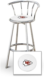 Bar Stool 29" Tall Chrome Finish Stool with a Backrest Featuring the Kansas City Chiefs NFL Team Logo Decal on a White Vinyl Covered Swivel Seat Cushion