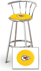 Bar Stool 29" Tall Chrome Finish Stool with a Backrest Featuring the Kansas City Chiefs NFL Team Logo Decal on a Yellow Vinyl Covered Swivel Seat Cushion