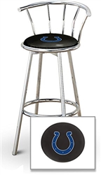 Bar Stool 29" Tall Chrome Finish Stool with a Backrest Featuring the Indianapolis Colts NFL Team Logo Decal on a Black Vinyl Covered Swivel Seat Cushion