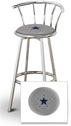 Bar Stool 29" Tall Chrome Finish Stool with a Backrest Featuring the Dallas Cowboys NFL Team Logo Decal on a Grey Vinyl Covered Swivel Seat Cushion