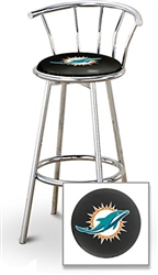 Bar Stool 29" Tall Chrome Finish Stool with a Backrest Featuring the Miami Dolphins NFL Team Logo Decal on a Black Vinyl Covered Swivel Seat Cushion