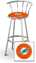 Bar Stool 29" Tall Chrome Finish Stool with a Backrest Featuring the Miami Dolphins NFL Team Logo Decal on an Orange Vinyl Covered Swivel Seat Cushion