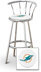 Bar Stool 29" Tall Chrome Finish Stool with a Backrest Featuring the Miami Dolphins NFL Team Logo Decal on a White Vinyl Covered Swivel Seat Cushion