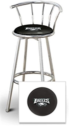 Bar Stool 29" Tall Chrome Finish Stool with a Backrest Featuring the Philadelphia Eagles NFL Team Logo Decal on a Black Vinyl Covered Swivel Seat Cushion