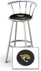 Bar Stool 29" Tall Chrome Finish Stool with a Backrest Featuring the Jacksonville Jaguars NFL Team Logo Decal on a Black Vinyl Covered Swivel Seat Cushion