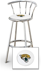 Bar Stool 29" Tall Chrome Finish Stool with a Backrest Featuring the Jacksonville Jaguars NFL Team Logo Decal on a White Vinyl Covered Swivel Seat Cushion