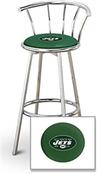 Bar Stool 29" Tall Chrome Finish Stool with a Backrest Featuring the New York Jets NFL Team Logo Decal on a Green Vinyl Covered Swivel Seat Cushion