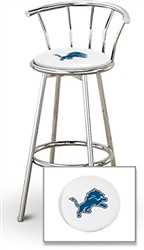 Bar Stool 29" Tall Chrome Finish Stool with a Backrest Featuring the Detriot Lions NFL Team Logo Decal on a White Vinyl Covered Swivel Seat Cushion