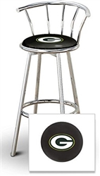 Bar Stool 29" Tall Chrome Finish Stool with a Backrest Featuring the Green Bay Packers NFL Team Logo Decal on a Black Vinyl Covered Swivel Seat Cushion