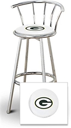 Bar Stool 29" Tall Chrome Finish Stool with a Backrest Featuring the Green Bay Packers NFL Team Logo Decal on a White Vinyl Covered Swivel Seat Cushion