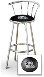 Bar Stool 29" Tall Chrome Finish Stool with a Backrest Featuring the Carolina Panthers Helmet NFL Team Logo Decal on a Black Vinyl Covered Swivel Seat Cushion