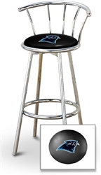 Bar Stool 29" Tall Chrome Finish Stool with a Backrest Featuring the Carolina Panthers NFL Team Logo Decal on a Black Vinyl Covered Swivel Seat Cushion