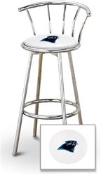 Bar Stool 29" Tall Chrome Finish Stool with a Backrest Featuring the Carolina Panthers NFL Team Logo Decal on a White Vinyl Covered Swivel Seat Cushion