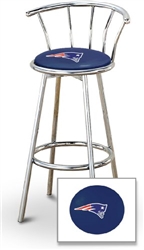 Bar Stool 29" Tall Chrome Finish Stool with a Backrest Featuring the New England Patriots NFL Team Logo Decal on a Blue Vinyl Covered Swivel Seat Cushion