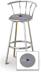 Bar Stool 29" Tall Chrome Finish Stool with a Backrest Featuring the New England Patriots NFL Team Logo Decal on a Grey Vinyl Covered Swivel Seat Cushion