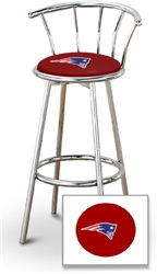 Bar Stool 29" Tall Chrome Finish Stool with a Backrest Featuring the New England Patriots NFL Team Logo Decal on a Red Vinyl Covered Swivel Seat Cushion