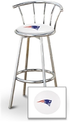 Bar Stool 29" Tall Chrome Finish Stool with a Backrest Featuring the New England Patriots NFL Team Logo Decal on a White Vinyl Covered Swivel Seat Cushion