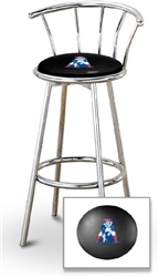 Bar Stool 29" Tall Chrome Finish Stool with a Backrest Featuring the New England Patriots Guard NFL Team Logo Decal on a Black Vinyl Covered Swivel Seat Cushion