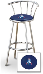 Bar Stool 29" Tall Chrome Finish Stool with a Backrest Featuring the New England Patriots Guard NFL Team Logo Decal on a Blue Vinyl Covered Swivel Seat Cushion