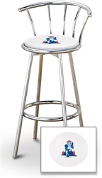 Bar Stool 29" Tall Chrome Finish Stool with a Backrest Featuring the New England Patriots Guard NFL Team Logo Decal on a White Vinyl Covered Swivel Seat Cushion