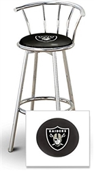 Bar Stool 29" Tall Chrome Finish Stool with a Backrest Featuring the Oakland Raiders NFL Team Logo Decal on a Black Vinyl Covered Swivel Seat Cushion