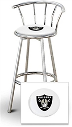 Bar Stool 29" Tall Chrome Finish Stool with a Backrest Featuring the Oakland Raiders NFL Team Logo Decal on a White Vinyl Covered Swivel Seat Cushion