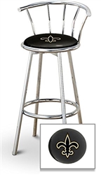 Bar Stool 29" Tall Chrome Finish Stool with a Backrest Featuring the New Orleans Saints NFL Team Logo Decal on a Black Vinyl Covered Swivel Seat Cushion