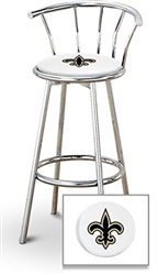 Bar Stool 29" Tall Chrome Finish Stool with a Backrest Featuring the New Orleans Saints NFL Team Logo Decal on a White Vinyl Covered Swivel Seat Cushion