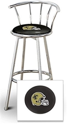 Bar Stool 29" Tall Chrome Finish Stool with a Backrest Featuring the New Orleans Saints Helmet NFL Team Logo Decal on a Black Vinyl Covered Swivel Seat Cushion