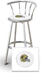 Bar Stool 29" Tall Chrome Finish Stool with a Backrest Featuring the New Orleans Saints Helmet NFL Team Logo Decal on a White Vinyl Covered Swivel Seat Cushion