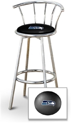 Bar Stool 29" Tall Chrome Finish Stool with a Backrest Featuring the Seattle Seahawks NFL Team Logo Decal on a Black Vinyl Covered Swivel Seat Cushion
