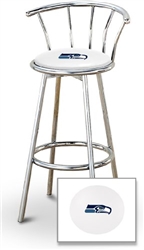 Bar Stool 29" Tall Chrome Finish Stool with a Backrest Featuring the Seattle Seahawks NFL Team Logo Decal on a White Vinyl Covered Swivel Seat Cushion