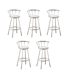 Bar Stools 24" Tall Set of 5 Chrome Finish Metal Bar Stools with Backrests and White Glitter Vinyl Covered Swivel Seat Cushions