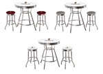 3 pc Bar Table Set Porsche Logo on a White Table with a Glass Top and 2 Chrome Stools with Logo on Colored Vinyl Swivel Seat Cushions