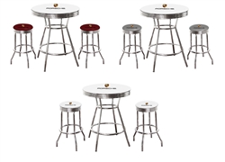 3 pc Bar Table Set Porsche Logo on a White Table with a Glass Top and 2 Chrome Stools with Logo on Colored Vinyl Swivel Seat Cushions