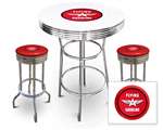 New Gas Themed 3 Piece Bar Table Set Includes 2 Swivel Seat Bar Stools featuring Flying A Gasoline Theme with Red Seat Cushion