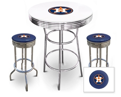 Bar Table Set 3 Piece with a White and Chrome Table Featuring the Houston Astros MLB Team Logo Decal with a Glass Top and 2-29" Tall Swivel Seat Stools with the Team Logo on Blue Vinyl Covered Seat Cushions