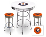 Bar Table Set 3 Piece with a White and Chrome Table Featuring the Houston Astros MLB Team Logo Decal with a Glass Top and 2-29" Tall Swivel Seat Stools with the Team Logo on Orange Vinyl Covered Seat Cushions