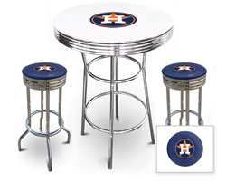 Bar Table Set 3 Piece with a White Table Featuring the Houston Astros MLB Team Logo Decal and 2-29" Tall Swivel Seat Stools with the Team Logo on Blue Vinyl Covered Seat Cushions