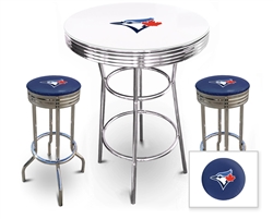 Bar Table Set 3 Piece with a White and Chrome Table Featuring the Toronto Blue Jays MLB Team Logo Decal with a Glass Top and 2-29" Tall Swivel Seat Stools with the Team Logo on Blue Vinyl Covered Seat Cushions