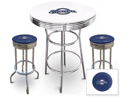 Bar Table Set 3 Piece with a White and Chrome Table Featuring the Milwaukee Brewers MLB Team Logo Decal with a Glass Top and 2-29" Tall Swivel Seat Stools with the Team Logo on Blue Vinyl Covered Seat Cushions