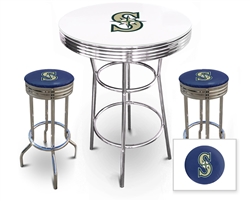 Bar Table Set 3 Piece with a White and Chrome Table Featuring the Seattle Mariners MLB Team Logo Decal with a Glass Top and 2-29" Tall Swivel Seat Stools with the Team Logo on Blue Vinyl Covered Seat Cushions