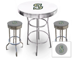 Bar Table Set 3 Piece with a White and Chrome Table Featuring the Seattle Mariners MLB Team Logo Decal with a Glass Top and 2-29" Tall Swivel Seat Stools with the Team Logo on Gray Vinyl Covered Seat Cushions