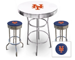 Bar Table Set 3 Piece with a White Table Featuring the New York Mets MLB Team Logo Decal and 2-29" Tall Swivel Seat Stools with the Team Logo on Blue Vinyl Covered Seat Cushions