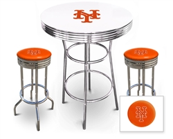 Bar Table Set 3 Piece with a White and Chrome Table Featuring the New York Mets MLB Team Logo Decal with a Glass Top and 2-29" Tall Swivel Seat Stools with the Team Logo on Orange Vinyl Covered Seat Cushions
