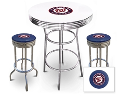 Bar Table Set 3 Piece with a White Table Featuring the Washington Nationals MLB Team Logo Decal and 2-29" Tall Swivel Seat Stools with the Team Logo on Blue Vinyl Covered Seat Cushions